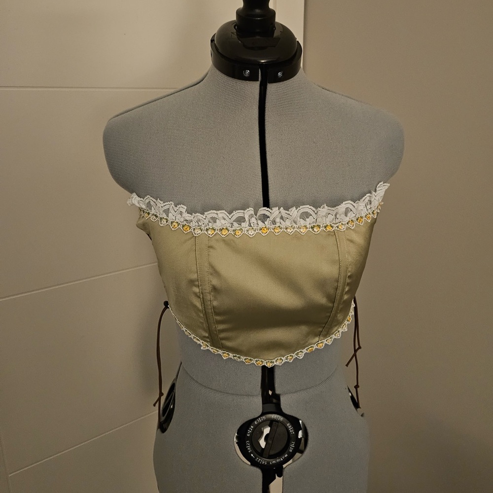 Stuck on Stupid olive satin tie sides tube crop top, size s (very adjustable)